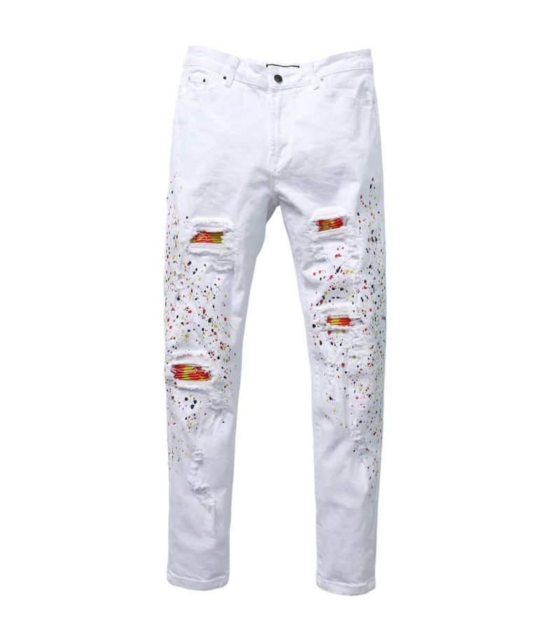 white jeans with splash paint