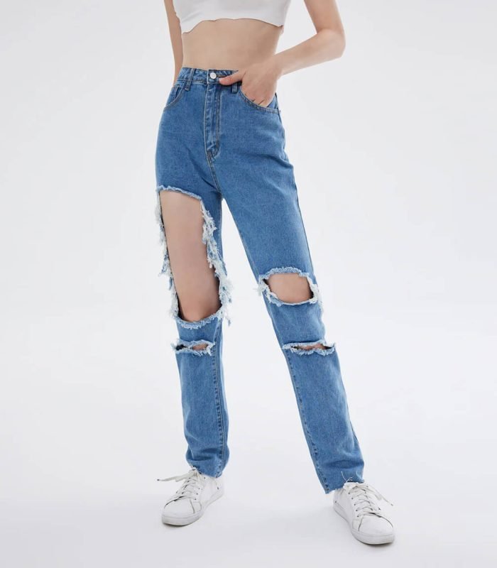 Ripped blue jeans for women