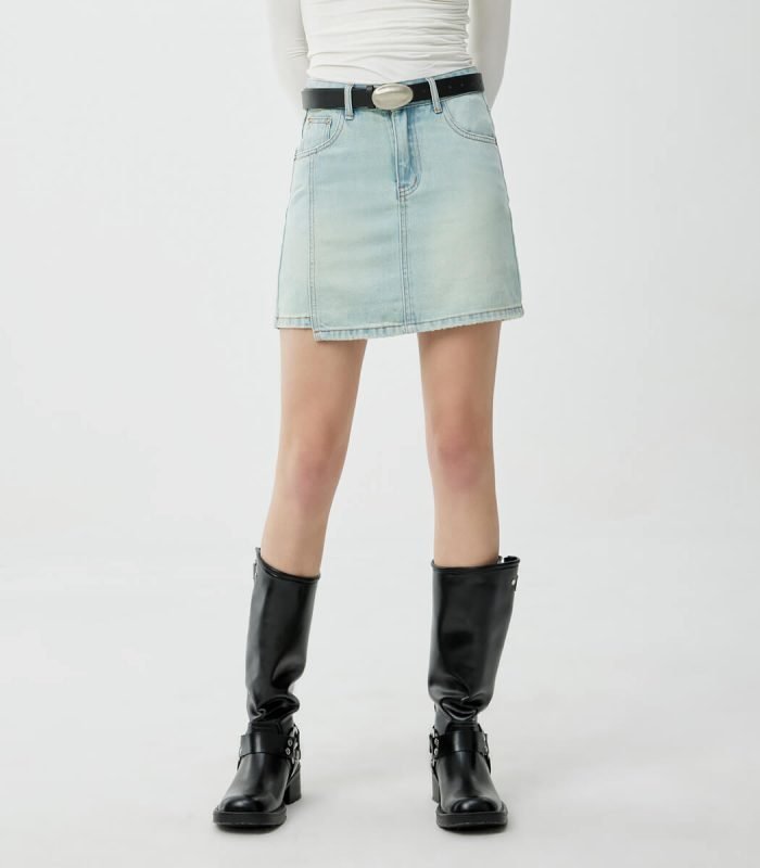 Light blue mini short denim skirt