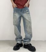 Dirty washed baggy straight jeans for men