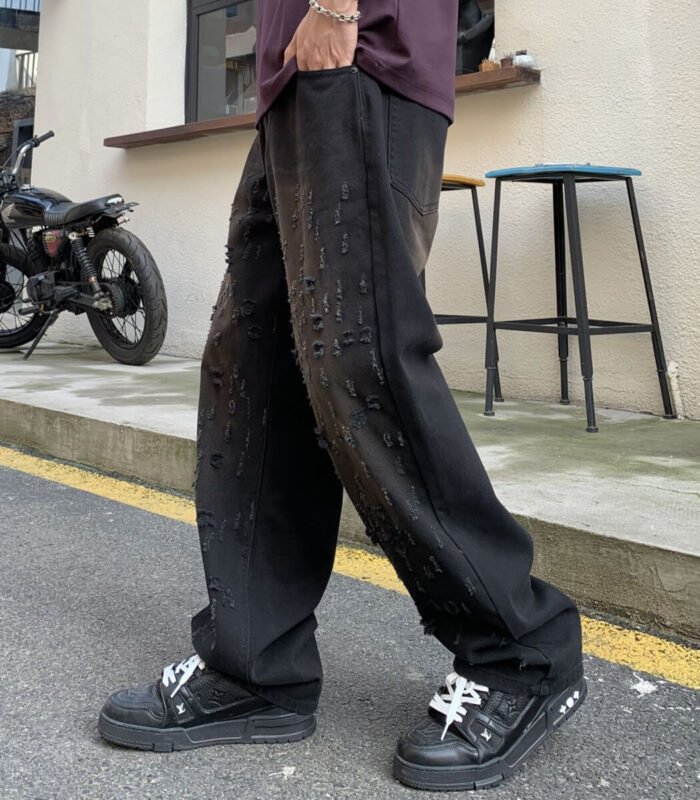 distressed baggy fit black jeans for men