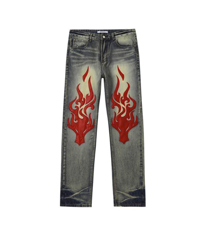 Vintage Blue Flame Patched Denim Jeans